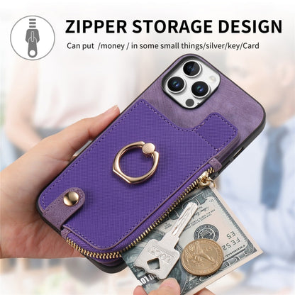 For iPhone 16 Plus Cross Leather Ring Vertical Zipper Wallet Back Phone Case(Purple) - iPhone 16 Plus Cases by buy2fix | Online Shopping UK | buy2fix