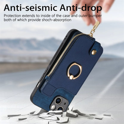 For iPhone 16 Plus Cross Leather Ring Vertical Zipper Wallet Back Phone Case(Blue) - iPhone 16 Plus Cases by buy2fix | Online Shopping UK | buy2fix