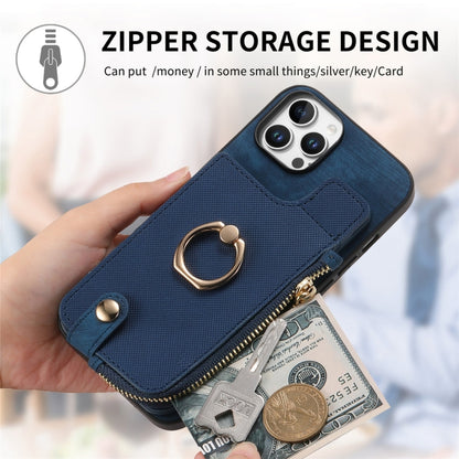 For iPhone 16 Plus Cross Leather Ring Vertical Zipper Wallet Back Phone Case(Blue) - iPhone 16 Plus Cases by buy2fix | Online Shopping UK | buy2fix