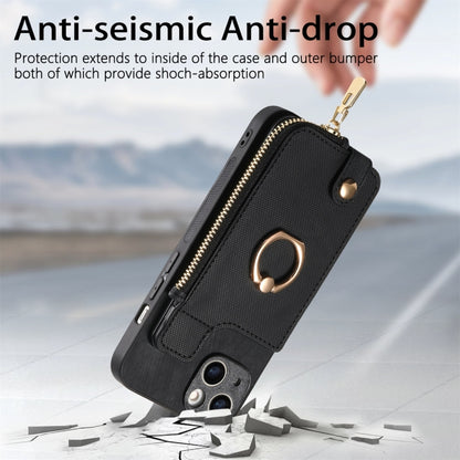 For iPhone 16 Plus Cross Leather Ring Vertical Zipper Wallet Back Phone Case(Black) - iPhone 16 Plus Cases by buy2fix | Online Shopping UK | buy2fix