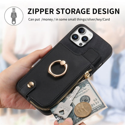 For iPhone 16 Plus Cross Leather Ring Vertical Zipper Wallet Back Phone Case(Black) - iPhone 16 Plus Cases by buy2fix | Online Shopping UK | buy2fix