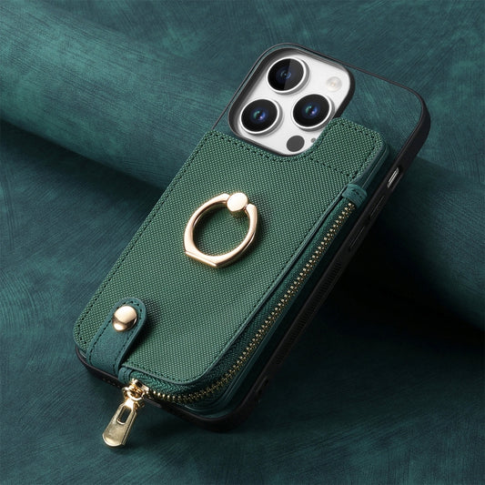 For iPhone 16 Pro Cross Leather Ring Vertical Zipper Wallet Back Phone Case(Green) - More iPhone Cases by buy2fix | Online Shopping UK | buy2fix