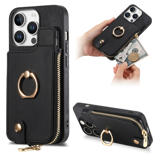 For iPhone 16 Pro Cross Leather Ring Vertical Zipper Wallet Back Phone Case(Black) - More iPhone Cases by buy2fix | Online Shopping UK | buy2fix