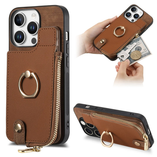 For iPhone 16 Pro Max Cross Leather Ring Vertical Zipper Wallet Back Phone Case(Brown) by buy2fix