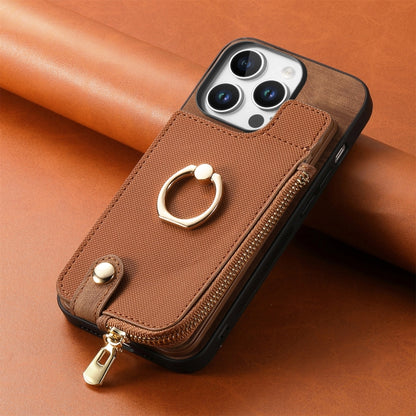For iPhone 16 Pro Max Cross Leather Ring Vertical Zipper Wallet Back Phone Case(Brown) by buy2fix