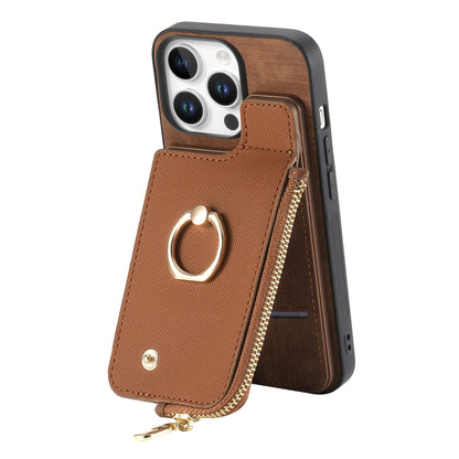 For iPhone 16 Pro Max Cross Leather Ring Vertical Zipper Wallet Back Phone Case(Brown) by buy2fix