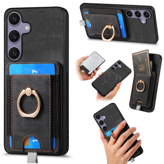 For Samsung Galaxy S25 5G Retro Splitable Magnetic Card Bag Leather Phone Case(Black) by buy2fix