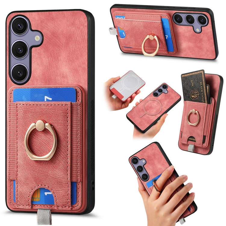 For Samsung Galaxy S25 5G Retro Splitable Magnetic Card Bag Leather Phone Case(Pink) by buy2fix