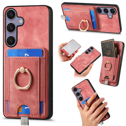 For Samsung Galaxy S25 5G Retro Splitable Magnetic Card Bag Leather Phone Case(Pink) by buy2fix