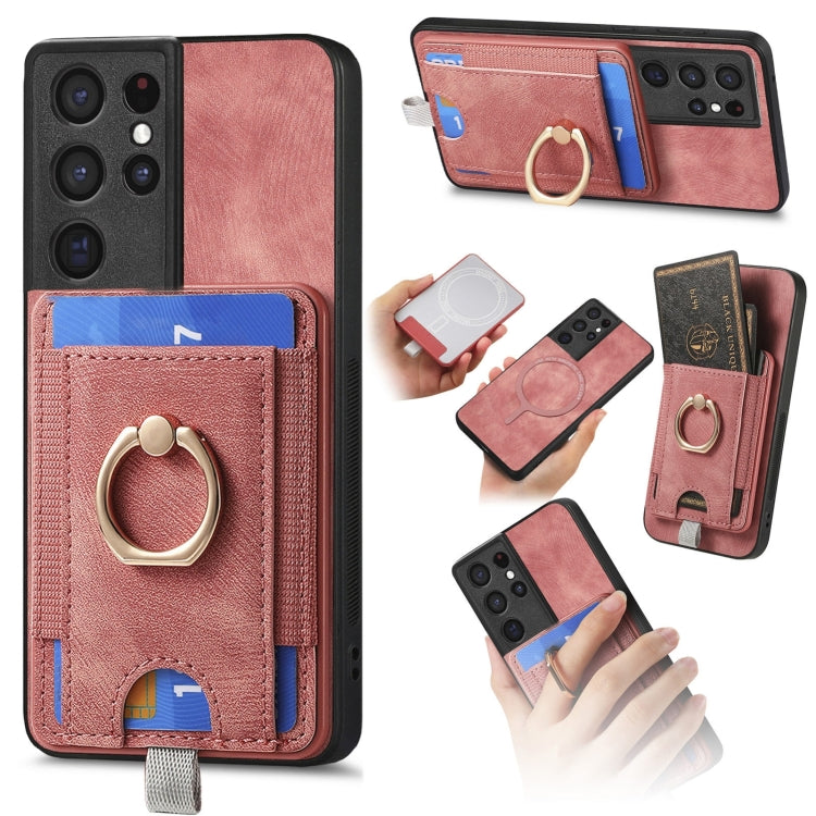 For Samsung Galaxy S25 Ultra 5G Retro Splitable Magnetic Card Bag Leather Phone Case(Pink) by buy2fix