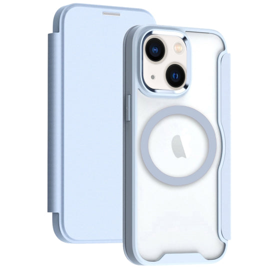 For iPhone 13 RFID Blocking Adsorption Flip MagSafe Leather Phone Case(Blue)
