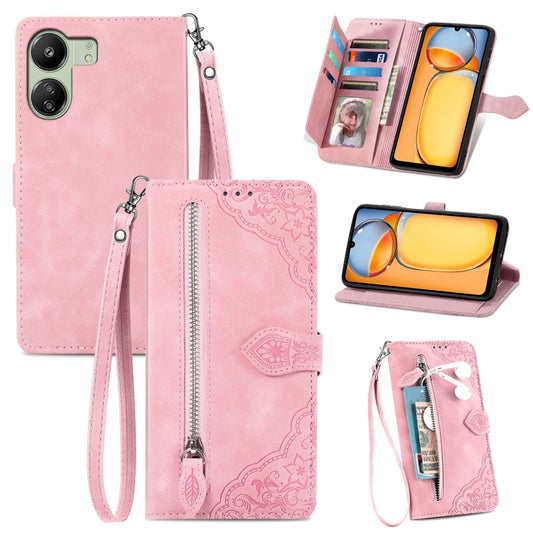 For Xiaomi Redmi 13C Embossed Flower Zipper Leather Phone Case(Pink) by buy2fix