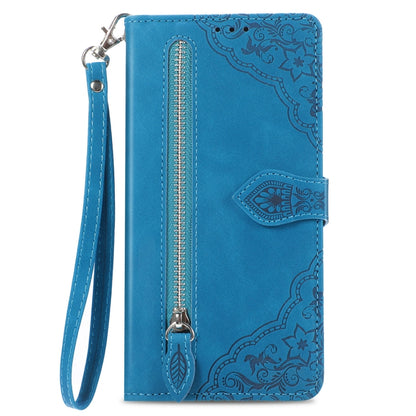 For Xiaomi 14 Embossed Flower Zipper Leather Phone Case(Blue) - Xiaomi Cases by buy2fix | Online Shopping UK | buy2fix
