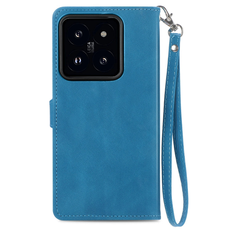 For Xiaomi 14 Embossed Flower Zipper Leather Phone Case(Blue) - Xiaomi Cases by buy2fix | Online Shopping UK | buy2fix