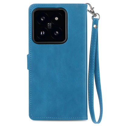 For Xiaomi 14 Embossed Flower Zipper Leather Phone Case(Blue) - Xiaomi Cases by buy2fix | Online Shopping UK | buy2fix