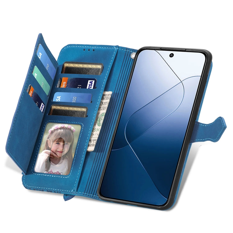 For Xiaomi 14 Embossed Flower Zipper Leather Phone Case(Blue) - Xiaomi Cases by buy2fix | Online Shopping UK | buy2fix