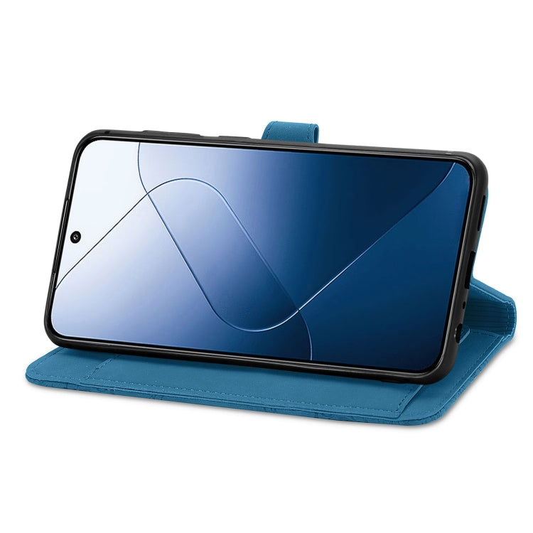 For Xiaomi 14 Embossed Flower Zipper Leather Phone Case(Blue) - Xiaomi Cases by buy2fix | Online Shopping UK | buy2fix