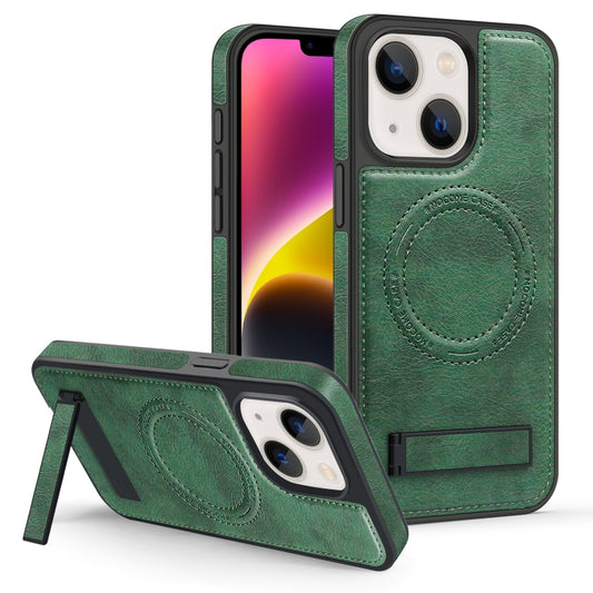 For iPhone 14 Multi-function Holder MagSafe PU Phone Case(Dark Green) by buy2fix