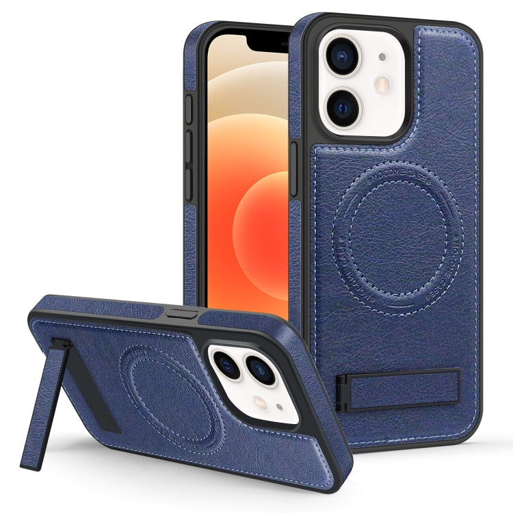 For iPhone 12 / 12 Pro Multi-function Holder MagSafe PU Phone Case(Blue) by buy2fix