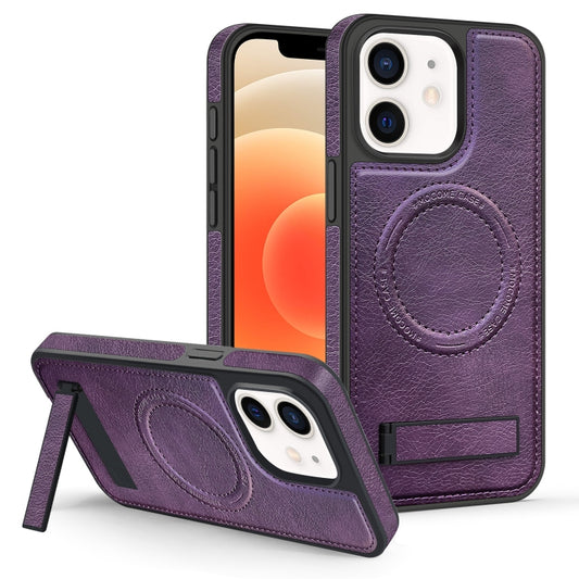 For iPhone 12 / 12 Pro Multi-function Holder MagSafe PU Phone Case(Mulberry) by buy2fix