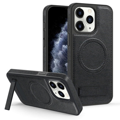 For iPhone 11 Pro Max Multi-function Holder MagSafe PU Phone Case(Black) by buy2fix