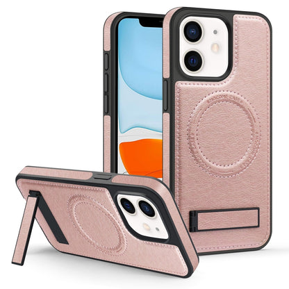 For iPhone 11 Multi-function Holder MagSafe PU Phone Case(Rose Gold) by buy2fix