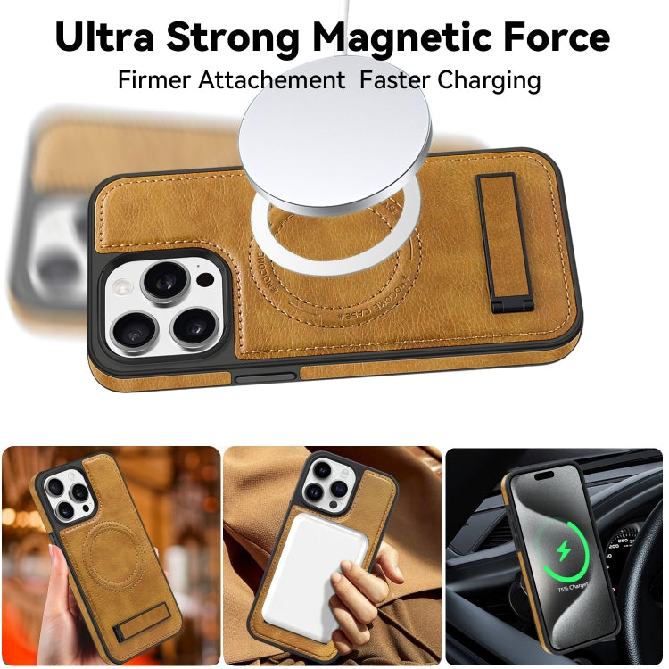 For iPhone 14 Multi-function Holder MagSafe PU Phone Case(Brown) by buy2fix