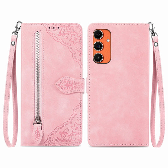 For Samsung Galaxy C55 Embossed Flower Zipper Leather Phone Case(Pink)