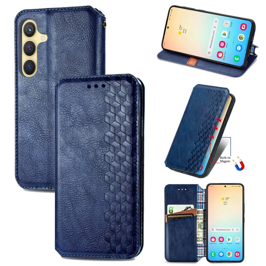 For Samsung Galaxy S25 5G Cubic Grid Pressed Magnetic Leather Phone Case(Blue) by buy2fix