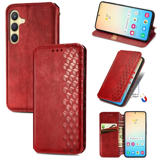 For Samsung Galaxy S25 5G Cubic Grid Pressed Magnetic Leather Phone Case(Red) by buy2fix