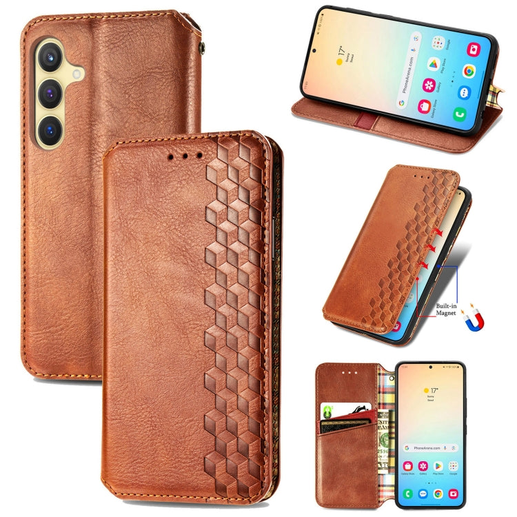 For Samsung Galaxy S25+ 5G Cubic Grid Pressed Magnetic Leather Phone Case(Brown) by buy2fix