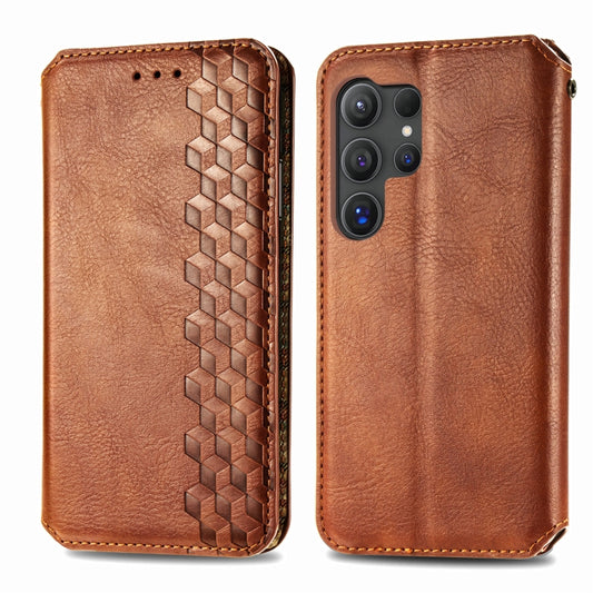 For Samsung Galaxy S25 Ultra 5G Cubic Grid Pressed Magnetic Leather Phone Case(Brown) by buy2fix