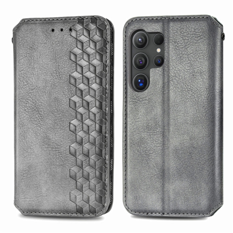 For Samsung Galaxy S25 Ultra 5G Cubic Grid Pressed Magnetic Leather Phone Case(Gray) by buy2fix
