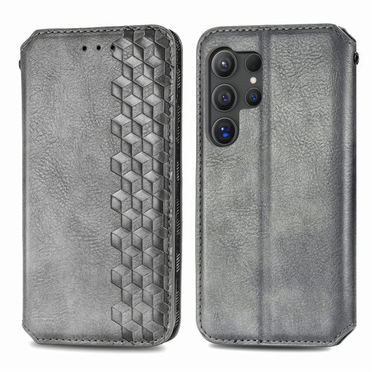 For Samsung Galaxy S25 Ultra 5G Cubic Grid Pressed Magnetic Leather Phone Case(Gray) by buy2fix