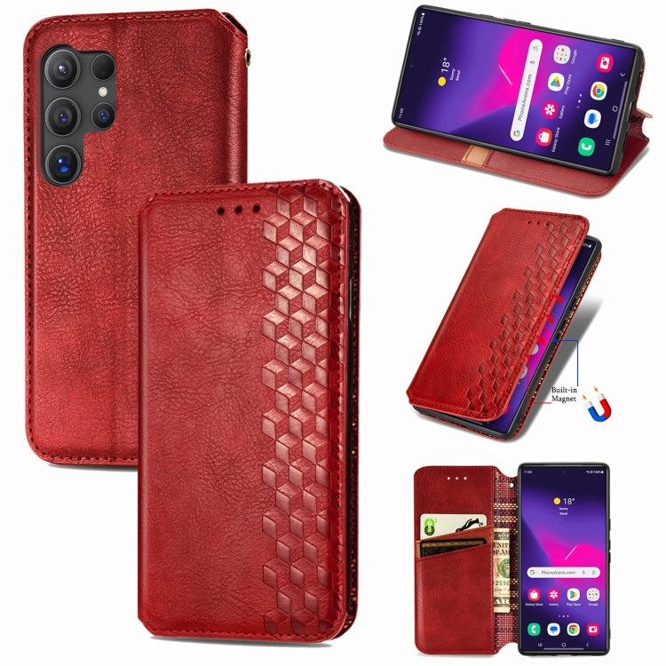 For Samsung Galaxy S25 Ultra 5G Cubic Grid Pressed Magnetic Leather Phone Case(Red) by buy2fix