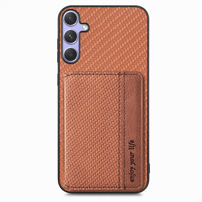 For Samsung Galaxy S25 5G Carbon Fiber Magnetic Card Wallet RFID Blocking Phone Case(Brown) by buy2fix