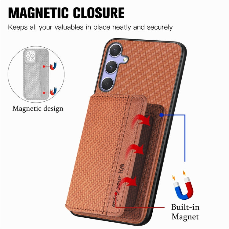 For Samsung Galaxy S25+ 5G Carbon Fiber Magnetic Card Wallet RFID Blocking Phone Case(Brown) by buy2fix