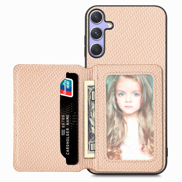 For Samsung Galaxy S25+ 5G Carbon Fiber Magnetic Card Wallet RFID Blocking Phone Case(Khaki) by buy2fix