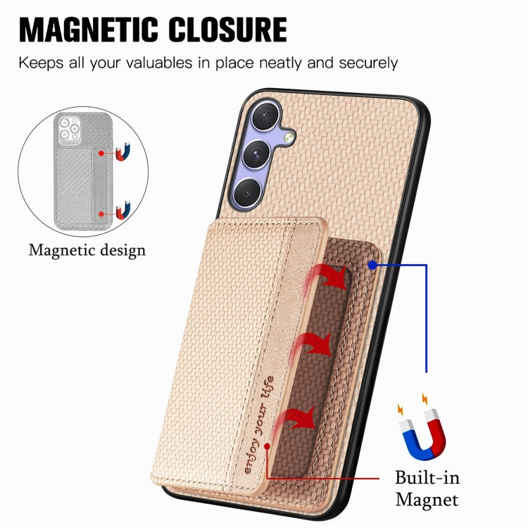 For Samsung Galaxy S25+ 5G Carbon Fiber Magnetic Card Wallet RFID Blocking Phone Case(Khaki) by buy2fix
