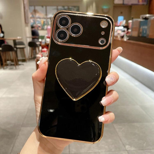 For iPhone 17 Pro Max Electroplating Love Heart Holder TPU Phone Case(Black)