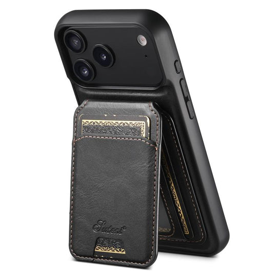 For iPhone 17 Pro Max Suteni H15 MagSafe Oil Eax Leather Detachable Wallet Back Phone Case(Black)