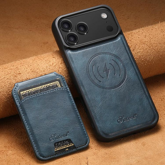 For iPhone 17 Pro Suteni H15 MagSafe Oil Eax Leather Detachable Wallet Back Phone Case(Blue) - iPhone 17 Pro Cases by Suteni | Online Shopping UK | buy2fix