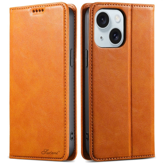 For iPhone 15 Suteni J02 Oil Wax Wallet Leather Phone Case(Khaki) - iPhone 15 Cases by Suteni | Online Shopping UK | buy2fix