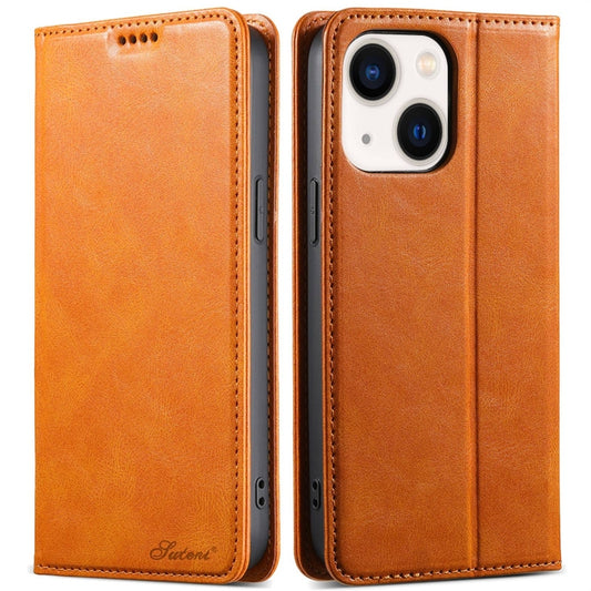 For iPhone 14 Suteni J02 Oil Wax Wallet Leather Phone Case(Khaki) - iPhone 14 Cases by Suteni | Online Shopping UK | buy2fix