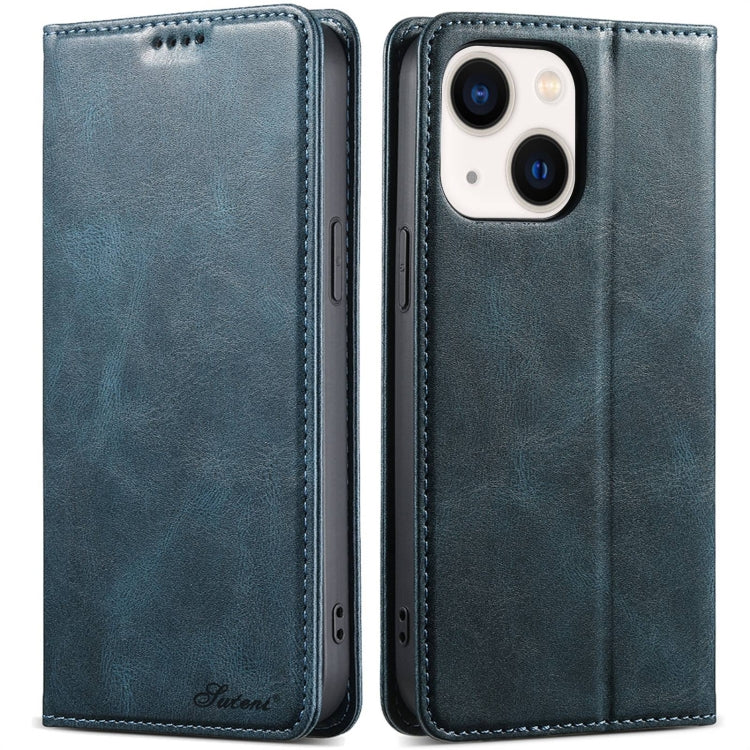 For iPhone 14 Suteni J02 Oil Wax Wallet Leather Phone Case(Blue) - iPhone 14 Cases by Suteni | Online Shopping UK | buy2fix
