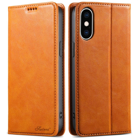 For iPhone XS Max Suteni J02 Oil Wax Wallet Leather Phone Case(Khaki) - More iPhone Cases by Suteni | Online Shopping UK | buy2fix