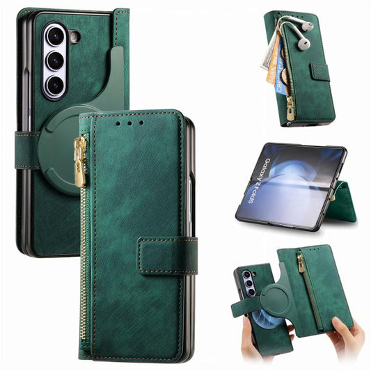 For Samsung Galaxy Z Fold5 5G Retro MagSafe Magnetic Zipper Wallet Leather Phone Case(Green) - Galaxy Z Fold5 Cases by buy2fix | Online Shopping UK | buy2fix