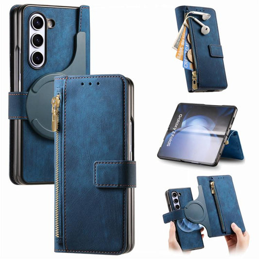 For Samsung Galaxy Z Fold5 5G Retro MagSafe Magnetic Zipper Wallet Leather Phone Case(Blue) - Galaxy Z Fold5 Cases by buy2fix | Online Shopping UK | buy2fix