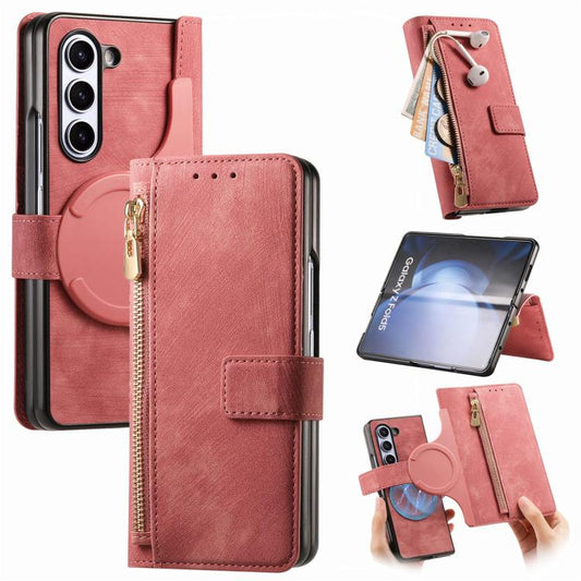 For Samsung Galaxy Z Fold5 5G Retro MagSafe Magnetic Zipper Wallet Leather Phone Case(Pink) - Galaxy Z Fold5 Cases by buy2fix | Online Shopping UK | buy2fix