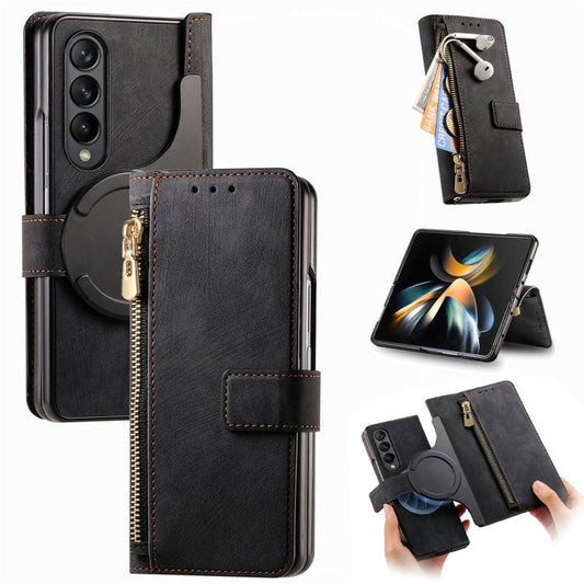 For Samsung Galaxy Z Fold4 Retro MagSafe Magnetic Zipper Wallet Leather Phone Case(Black) - Galaxy Z Fold4 5G Cases by buy2fix | Online Shopping UK | buy2fix